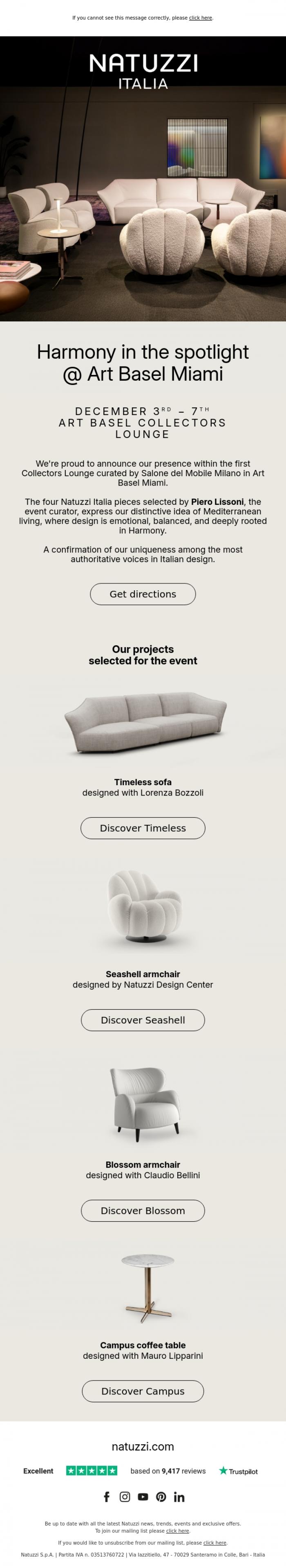 Email Design Inspiration from Natuzzi Italia, Natuzzi Harmony on the spotlight @ Art Basel Miami.