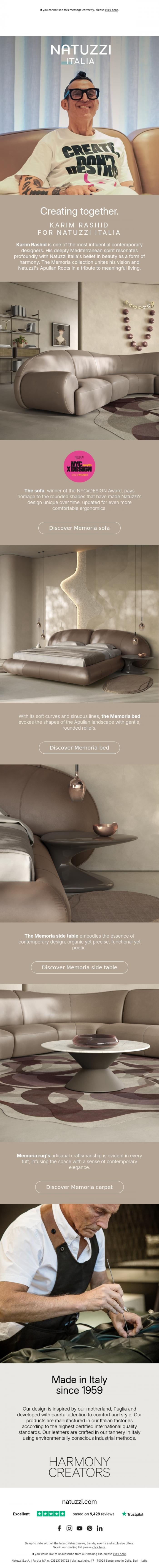 Email Design Inspiration from Natuzzi Italia, Creating together. Karim Rashid for Natuzzi Italia.