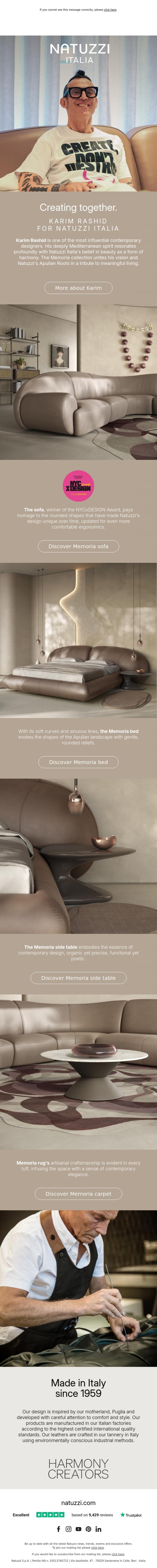 Email Design Inspiration from Natuzzi Italia, Creating together. Karim Rashid for Natuzzi Italia. Discover more.