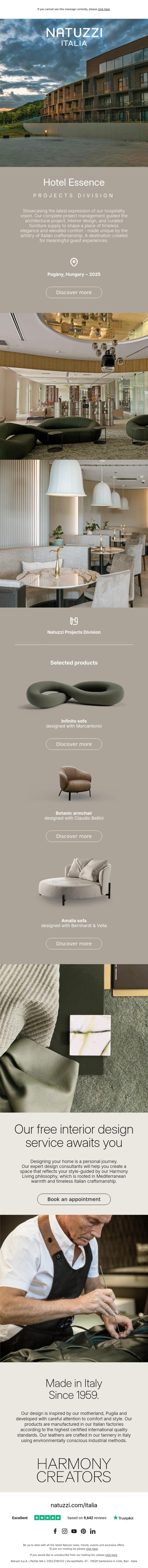 Email Design Inspiration from Natuzzi Italia, A new hospitality project for Essence Hotel, Hungary.
