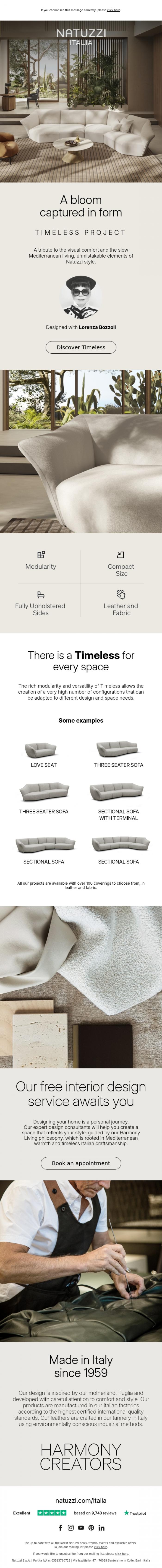 Email Design Inspiration from Natuzzi Italia, A bloom captured in form: the Timeless project.