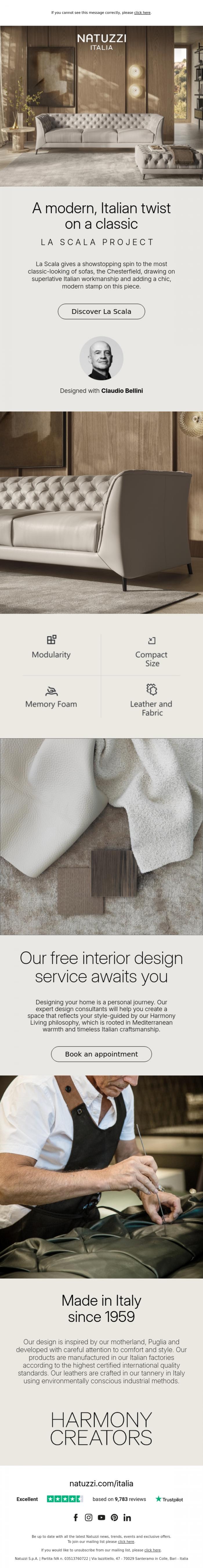 Email Design Inspiration from Natuzzi Italia, A modern, Italian twist on a classic: the La Scala project.