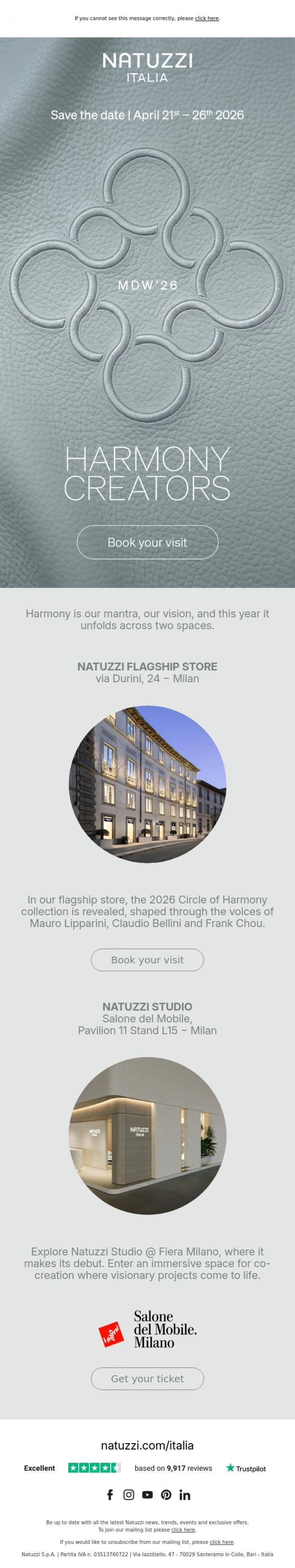 Email Design Inspiration from Natuzzi Italia, Book your visit @ Harmony Creators - Milan Design Week 2026.