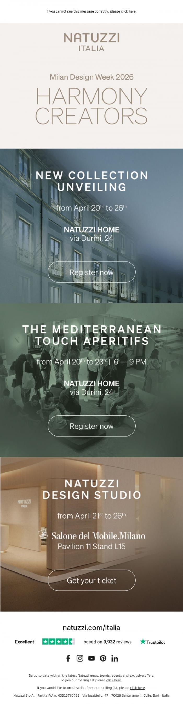 Email Design Inspiration from Natuzzi Italia, Harmony Creators @ MDW 2026