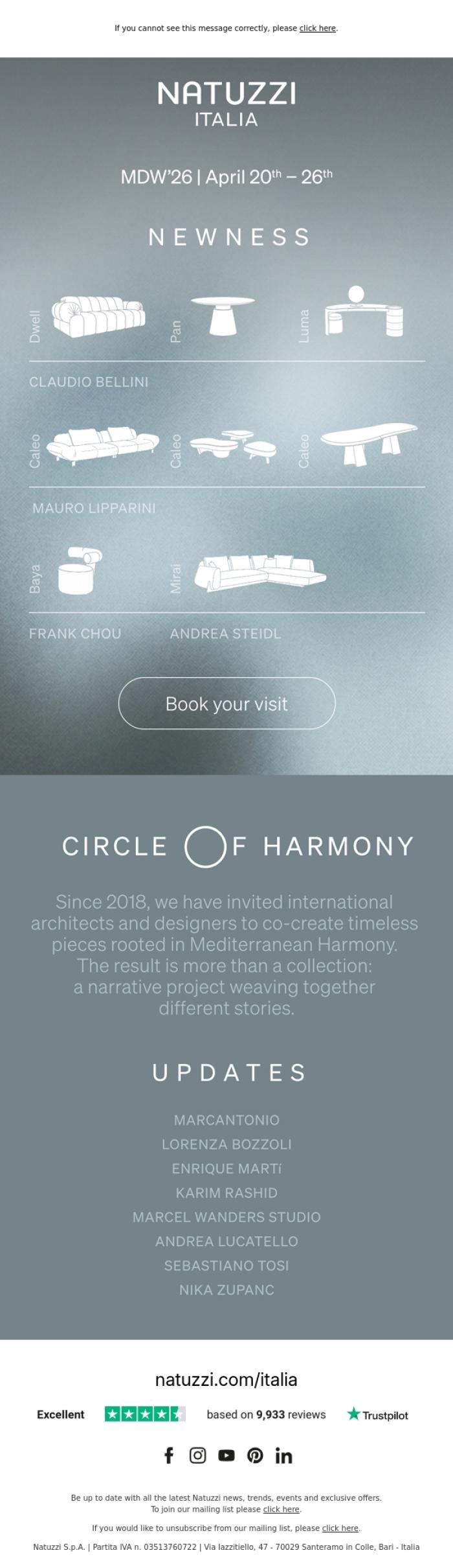 Email Design Inspiration from Natuzzi Italia, Unveiling the 2026 Circle of Harmony collection @ MDW 2026. Book your visit