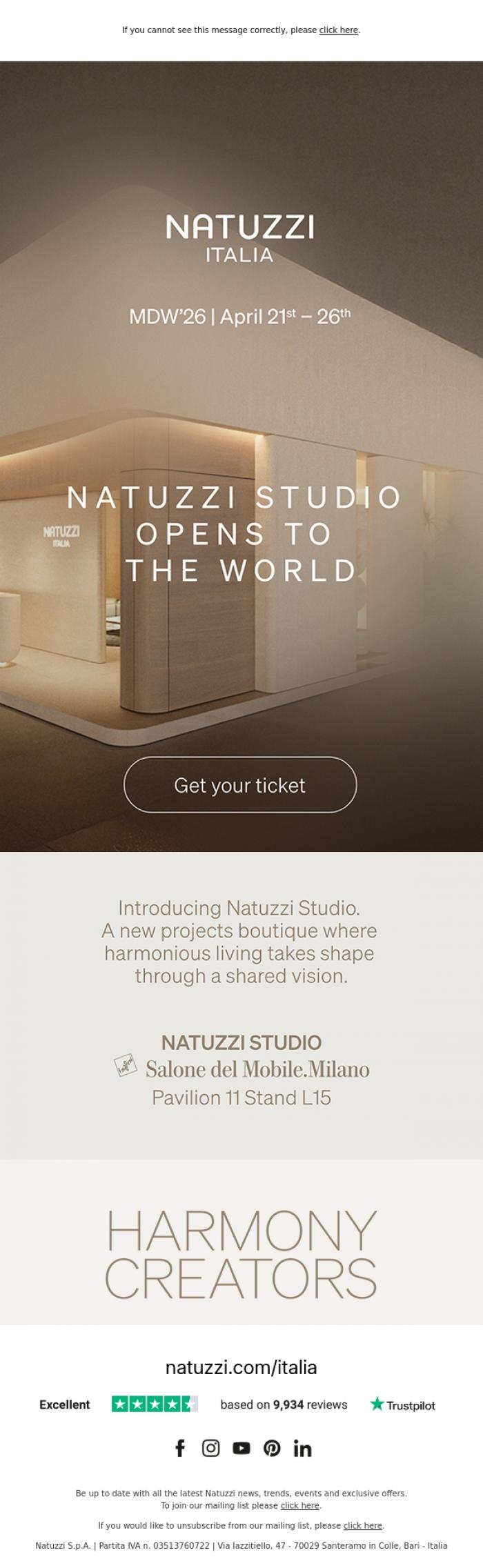 Email Design Inspiration from Natuzzi Italia, Introducing Natuzzi Studio @ MDW 2026. Get your ticket.