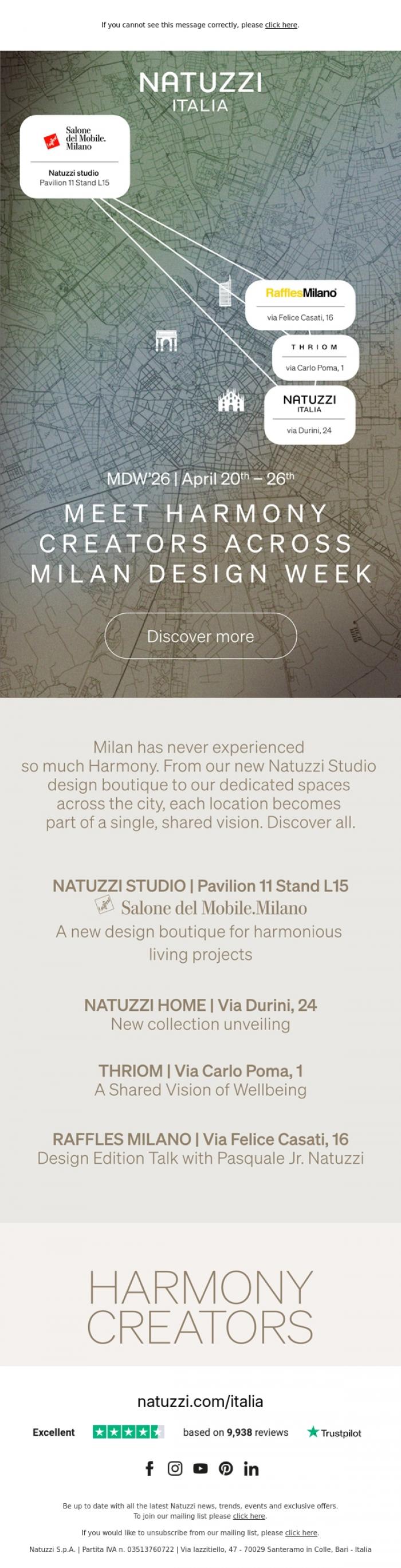 Email Design Inspiration from Natuzzi Italia, Meet Harmony Creators across MDW 2026