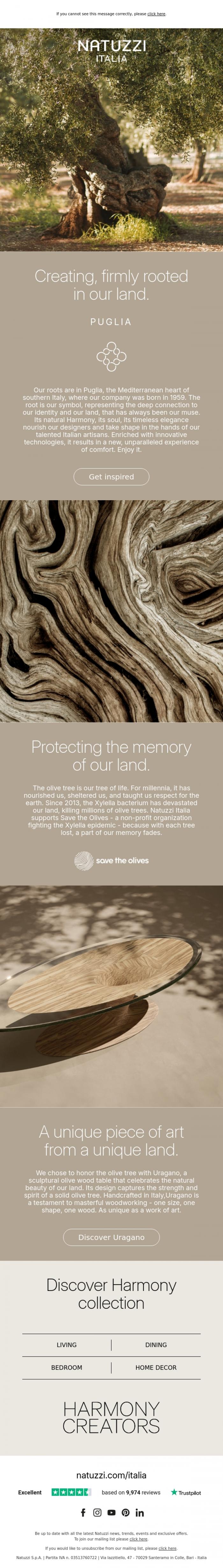 Email Design Inspiration from Natuzzi Italia, Creating, firmly rooted in our land.