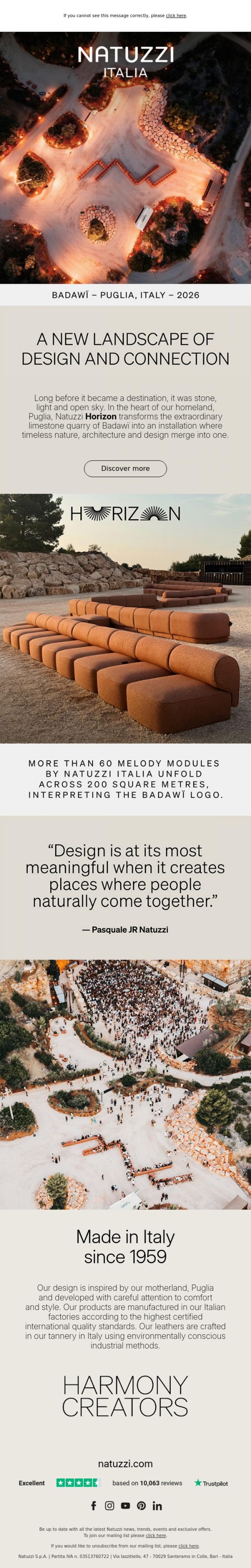 Email Design Inspiration from Natuzzi Italia, An installation for immersive clubbing in the heart of Puglia.