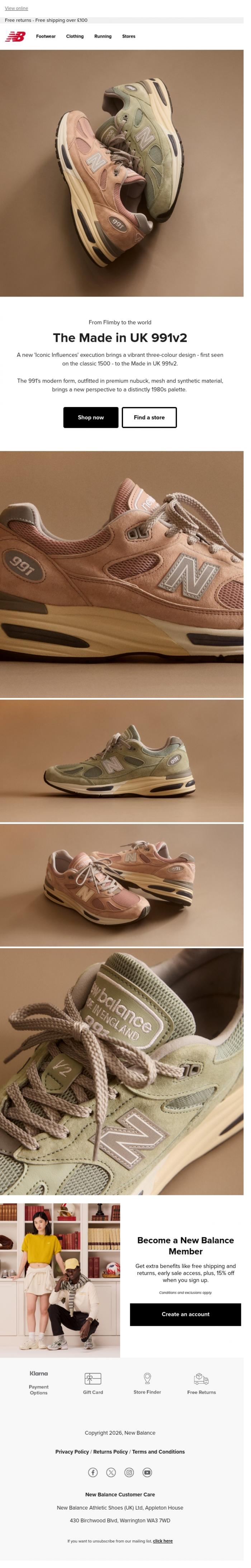 Email Design Inspiration from New Balance, Made in UK 991v2 'Dusted Pastels'