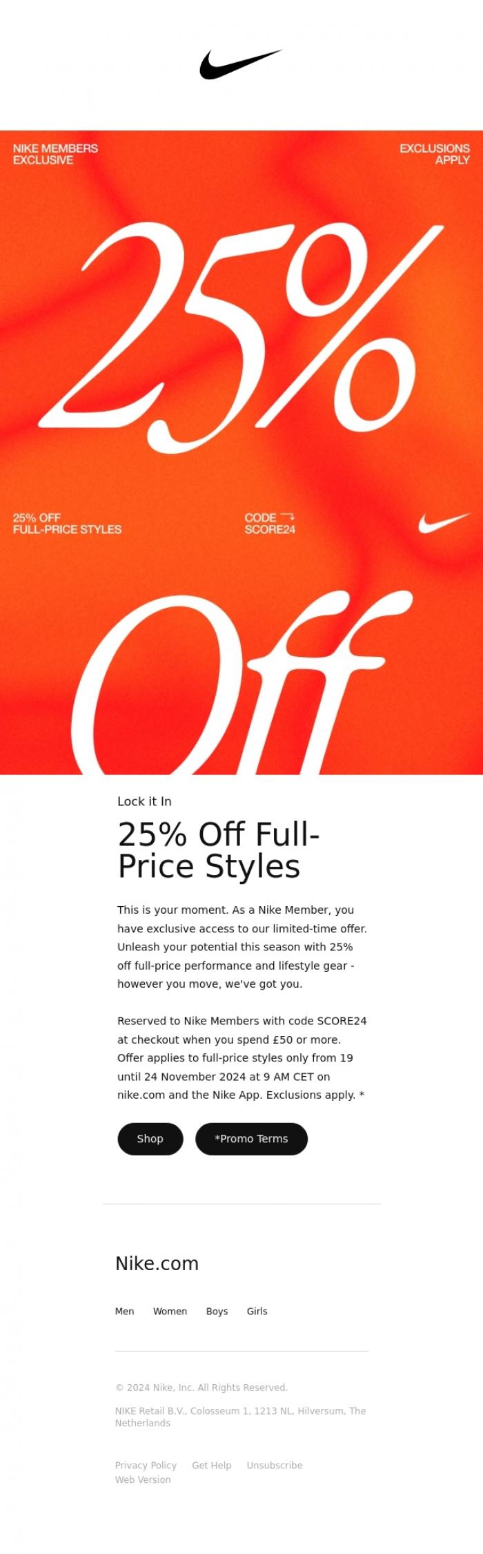Email Design Inspiration from Nike, 25% Off Full-Price Styles