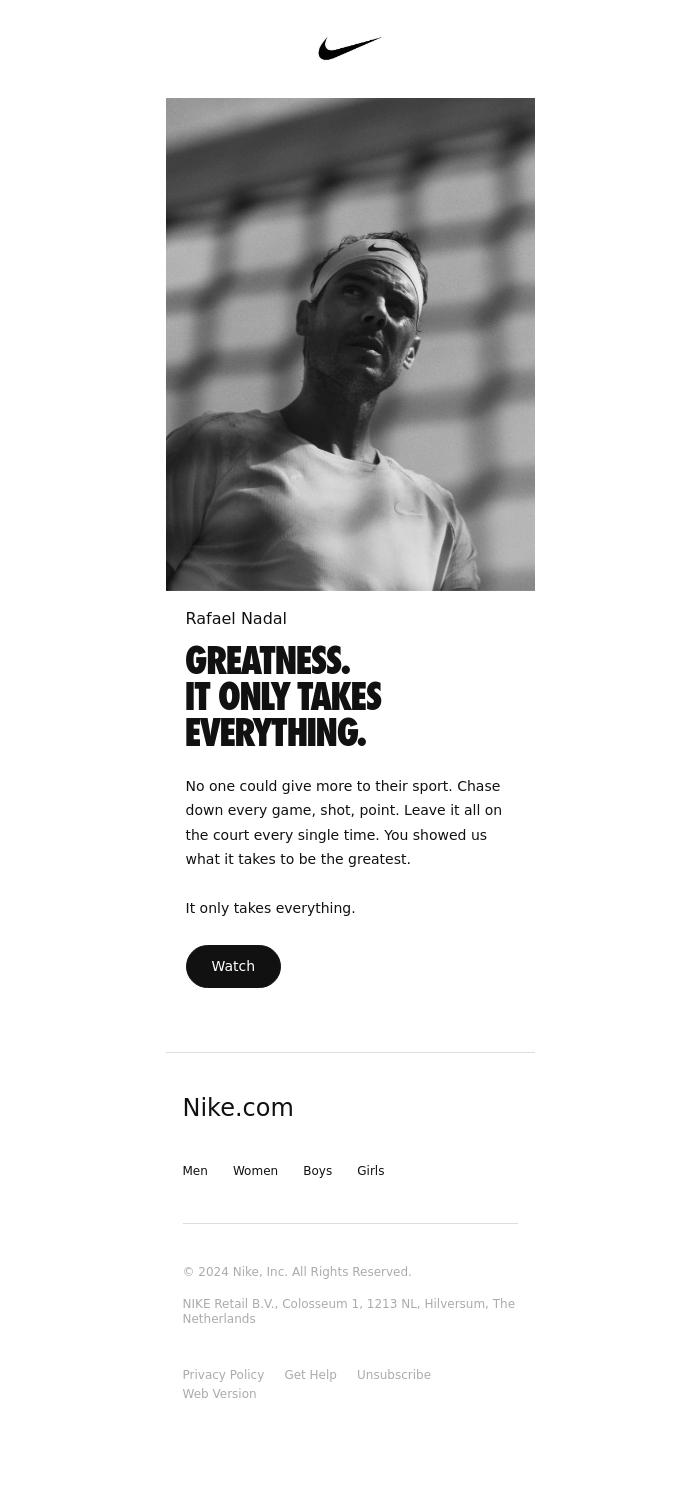 Email Design Inspiration from Nike, Thank You Rafa