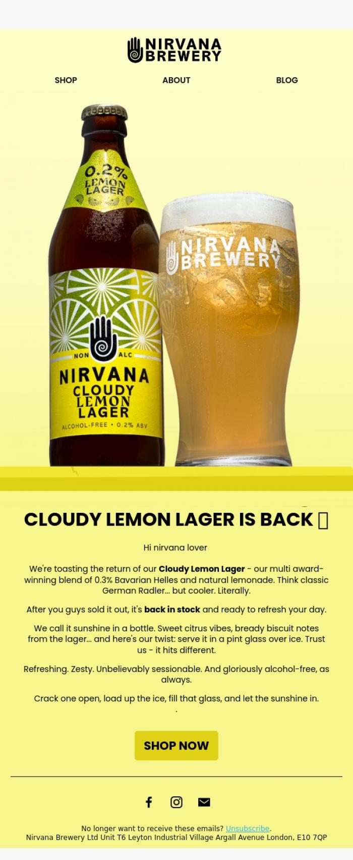 Email Design Inspiration from Nirvana Brewery Ltd, CLOUDY LEMON LAGER IS BACK! 🍺🍋