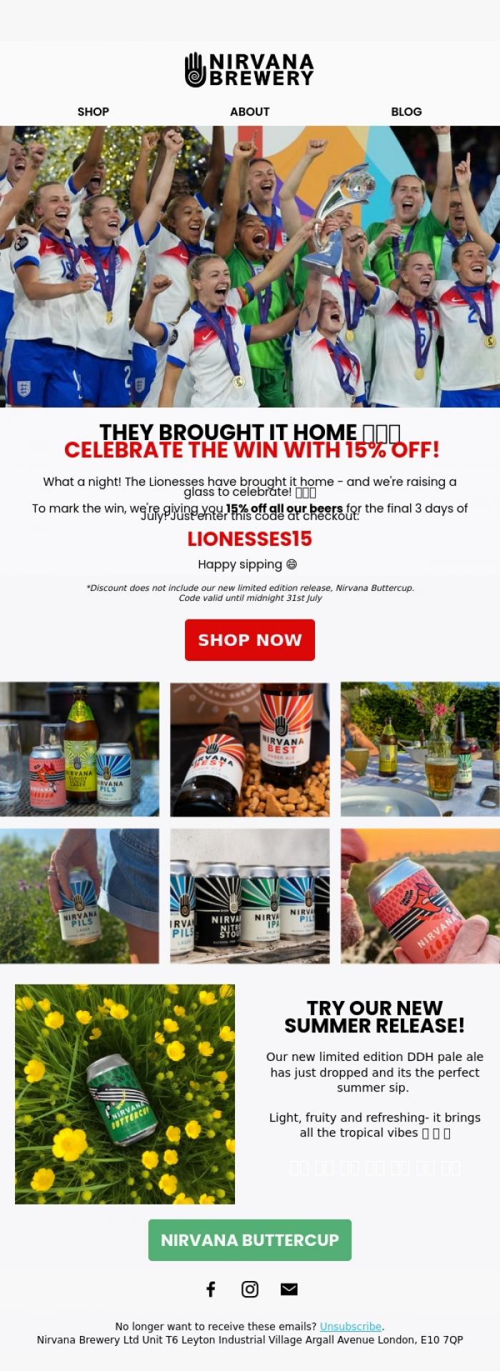 Email Design Inspiration from Nirvana Brewery Ltd, QUICK! 15% OFF IS ABOUT TO EXPIRE 🍺⌛