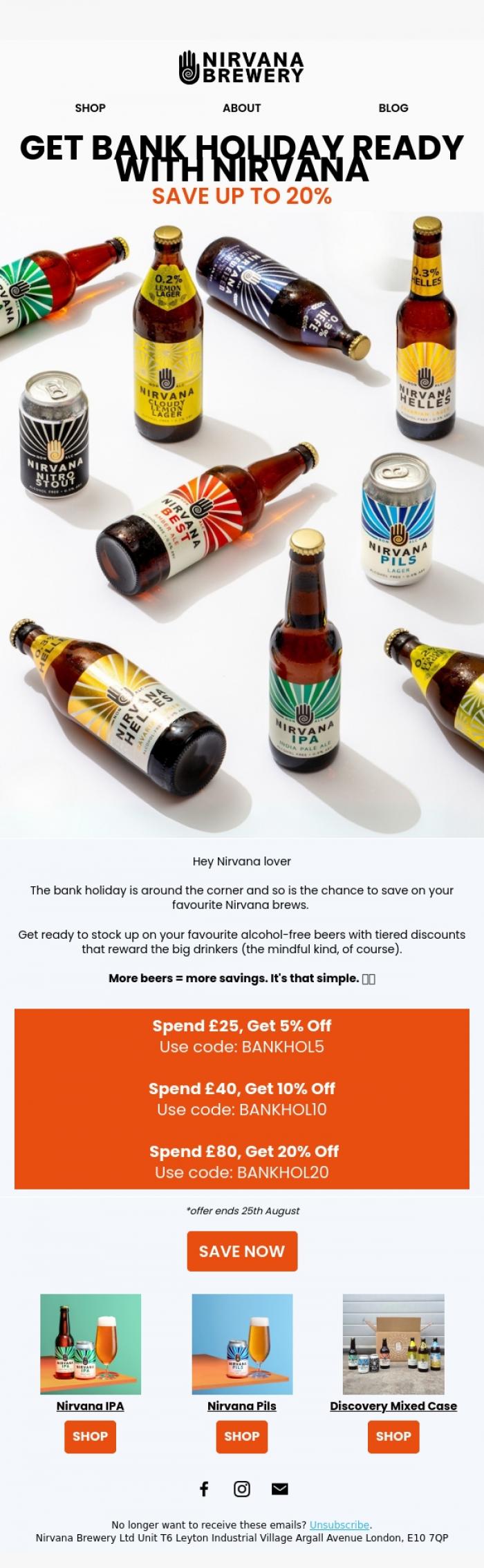 Email Design Inspiration from Nirvana Brewery Ltd, Our Bank Holiday Sale Is Here🍻💰