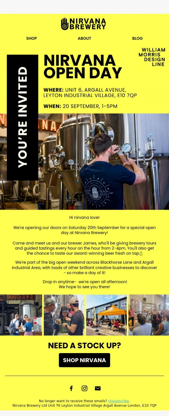 Email Design Inspiration from Nirvana Brewery Ltd, Drop In for a Pint (or Four!) - Open Day at Nirvana Brewery🍻