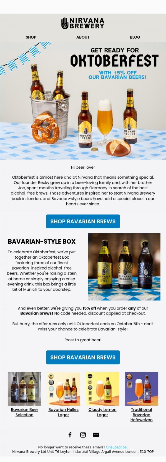 Email Design Inspiration from Nirvana Brewery Ltd, 🍻 Celebrate Oktoberfest - 15% Off Our Bavarian Brews!