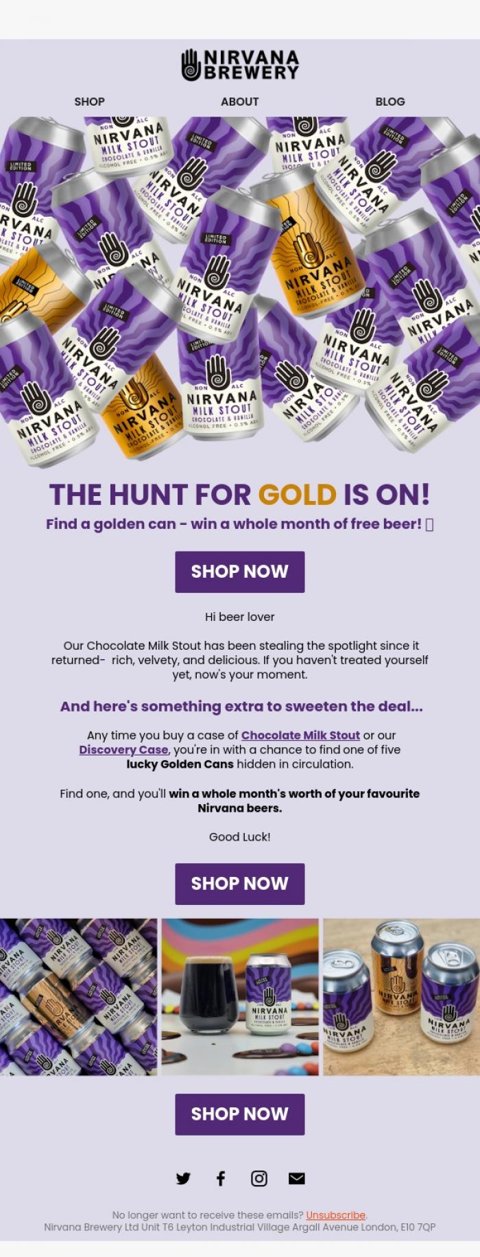 Email Design Inspiration from Nirvana Brewery Ltd, Only 5 Golden Cans. Will You Find One? 💛