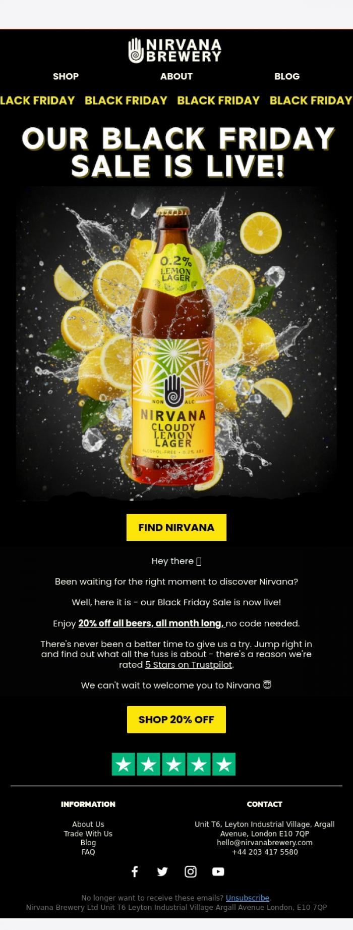 Email Design Inspiration from Nirvana Brewery Ltd, It's the perfect time to try Nirvana - 20% off everything for Black Friday!🖤🎉