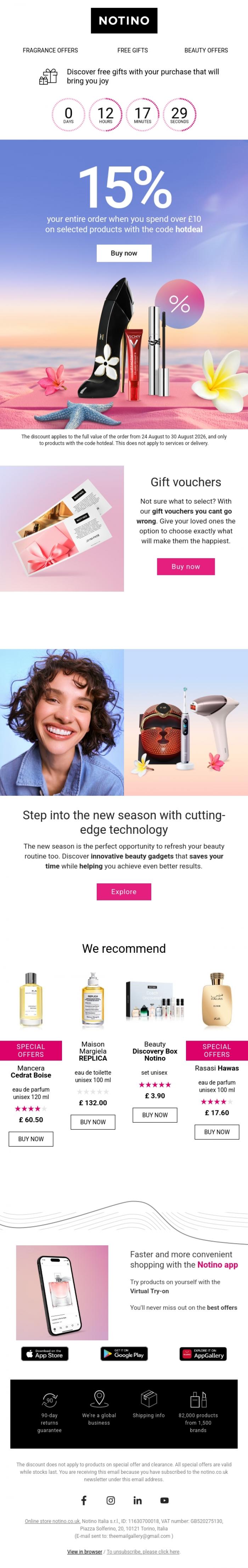 Email Design Inspiration from Notino, Today only &minus; get 15% off your order ⏰