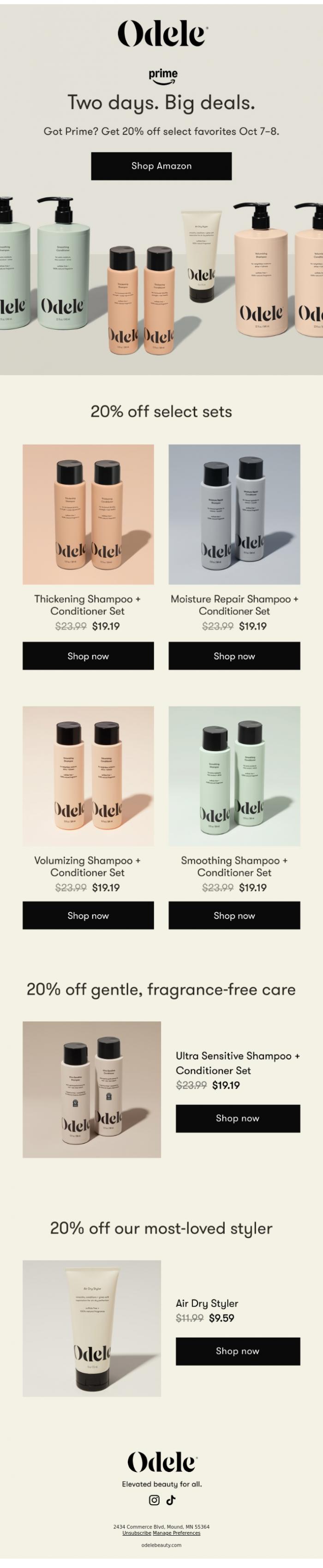 Email Design Inspiration from Odele, 20% off for Prime Big Deal Days ✨