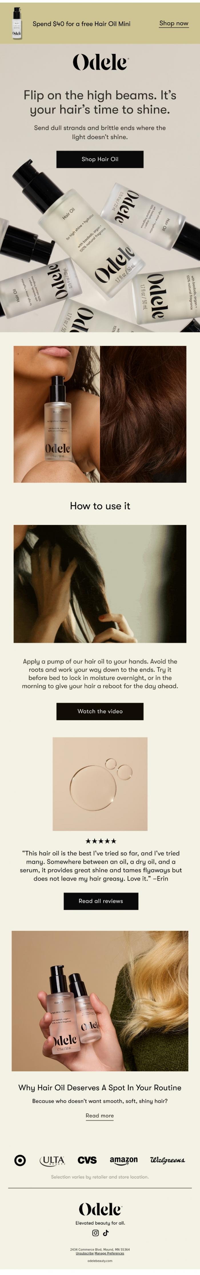 Email Design Inspiration from Odele, One formula, all the shine and hydration