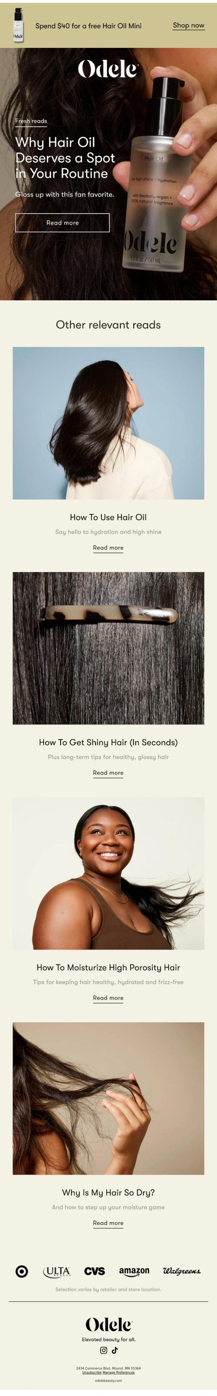 Email Design Inspiration from Odele, Hair Oil in the spotlight