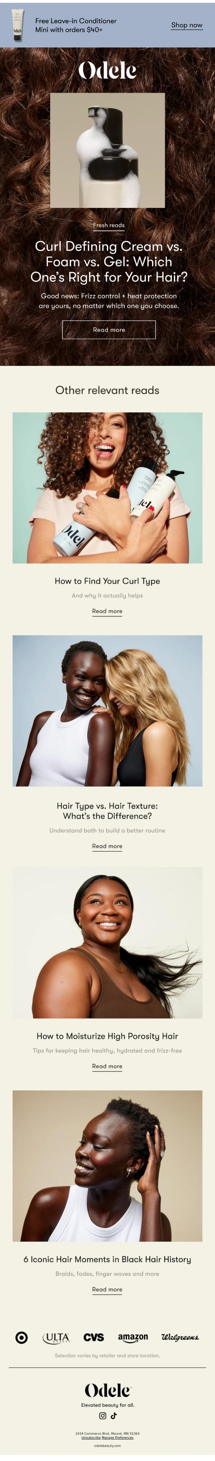 Email Design Inspiration from Odele, On the blog: Curl care 101