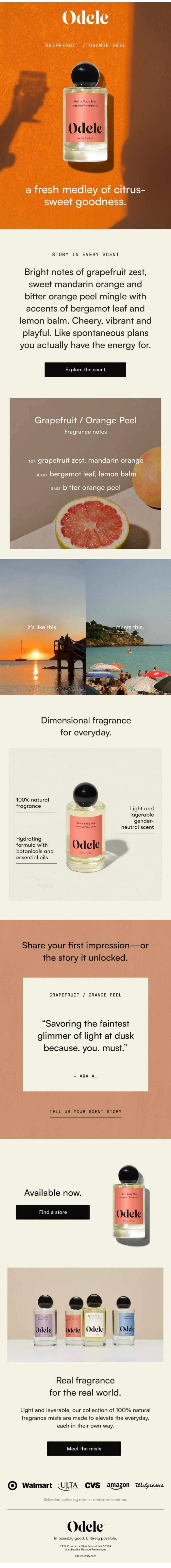 Email Design Inspiration from Odele, Grapefruit Orange Peel state of mind