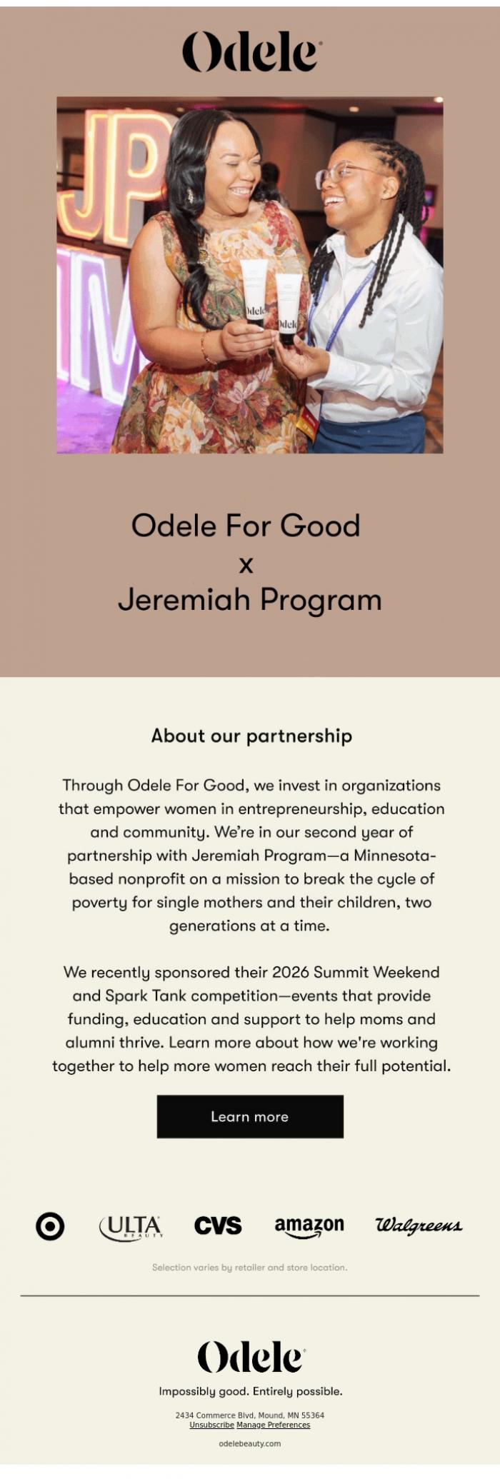 Email Design Inspiration from Odele, Odele For Good x Jeremiah Program