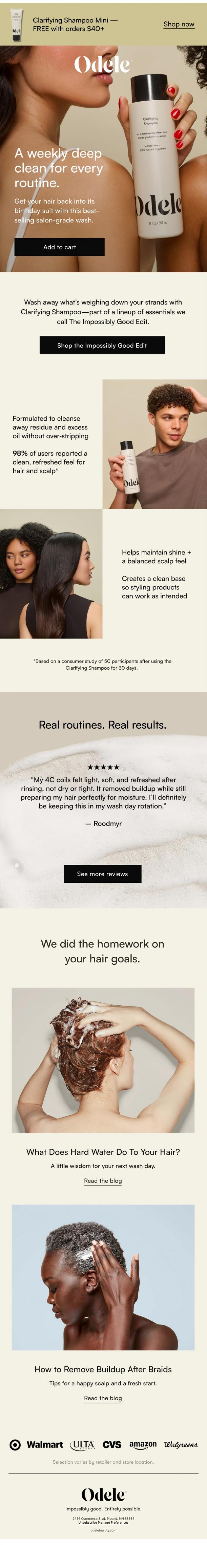 Email Design Inspiration from Odele, Clarifying Shampoo: The classic white tee of haircare