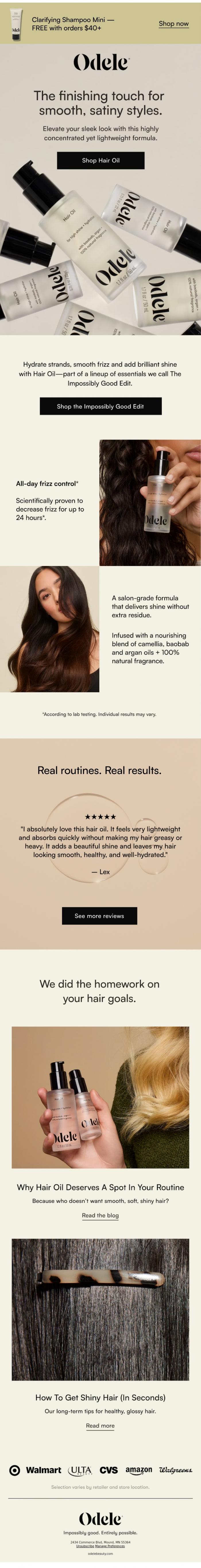 Email Design Inspiration from Odele, Hair Oil, aka the hoop earrings of haircare