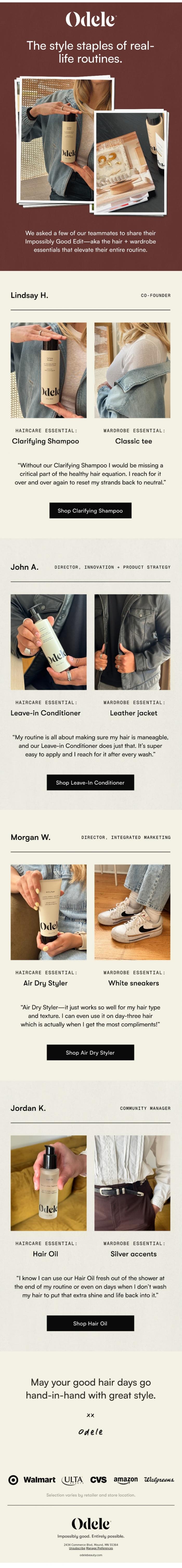 Email Design Inspiration from Odele, Our team talks haircare must-haves