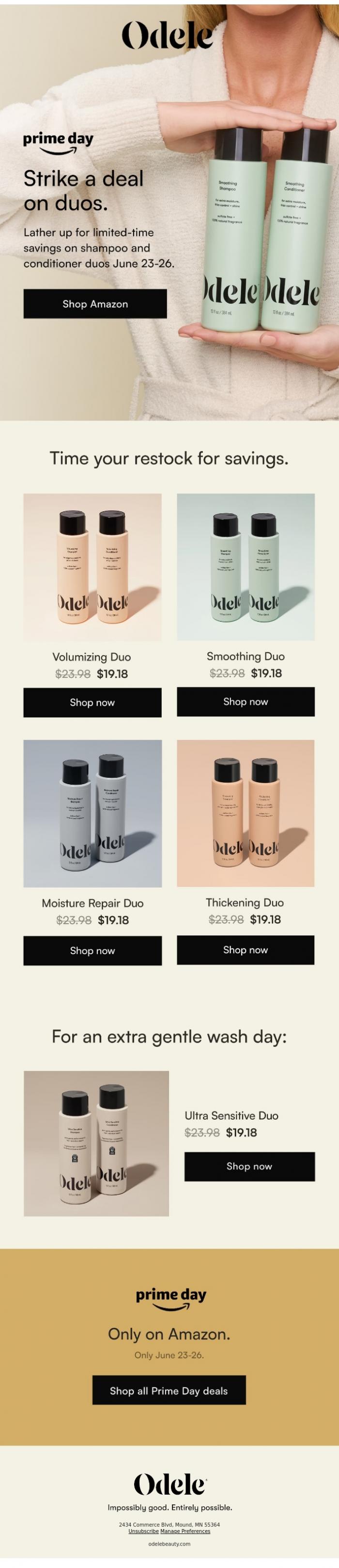 Email Design Inspiration from Odele, Prime Day deals 🤝🏼 wash day duos