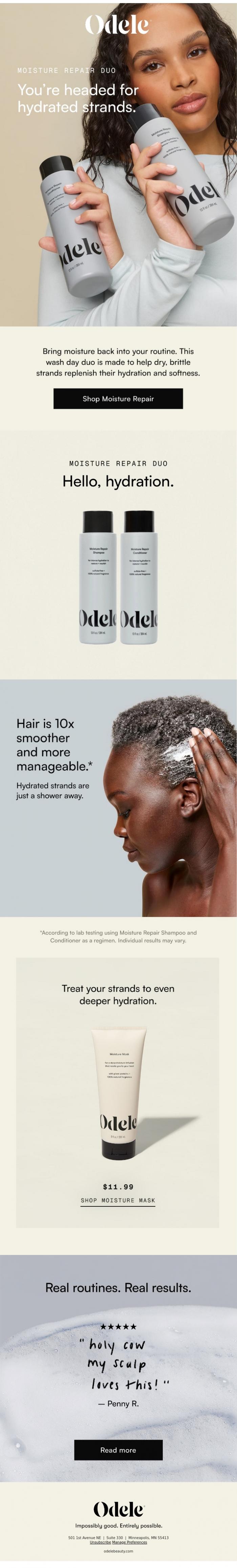 Email Design Inspiration from Odele, Thirsty strands? Make it a double.