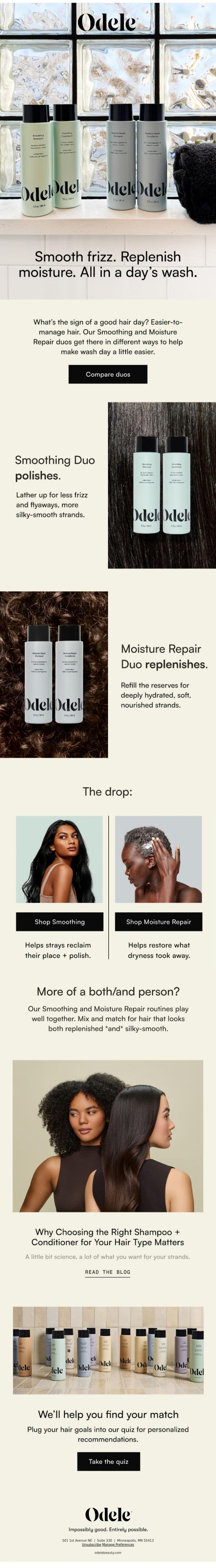 Email Design Inspiration from Odele, Two routines for more manageable hair