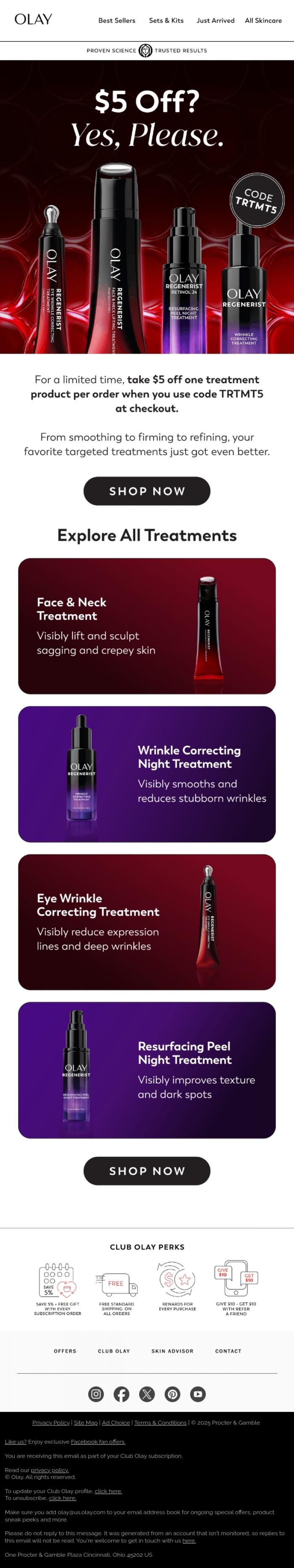 Email Design Inspiration from Olay, $5 Off Treatments Today 💖