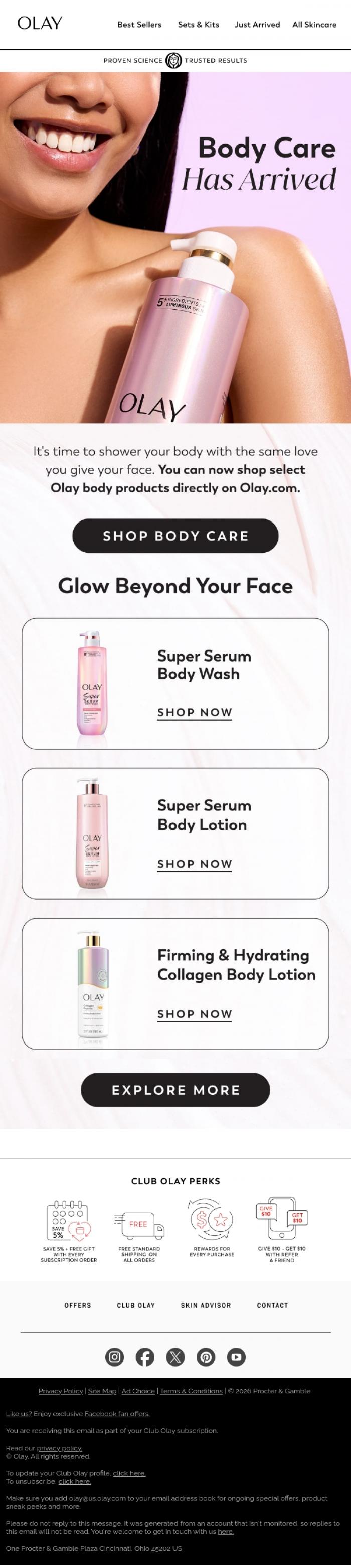 Email Design Inspiration from Olay, Body Best Sellers now on Olay.com