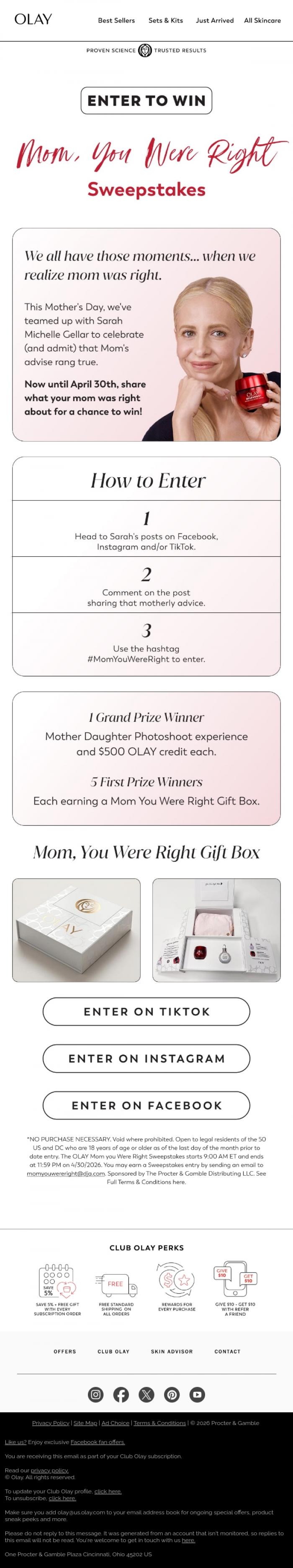 Email Design Inspiration from Olay, ENTER TO WIN & Celebrate Mom