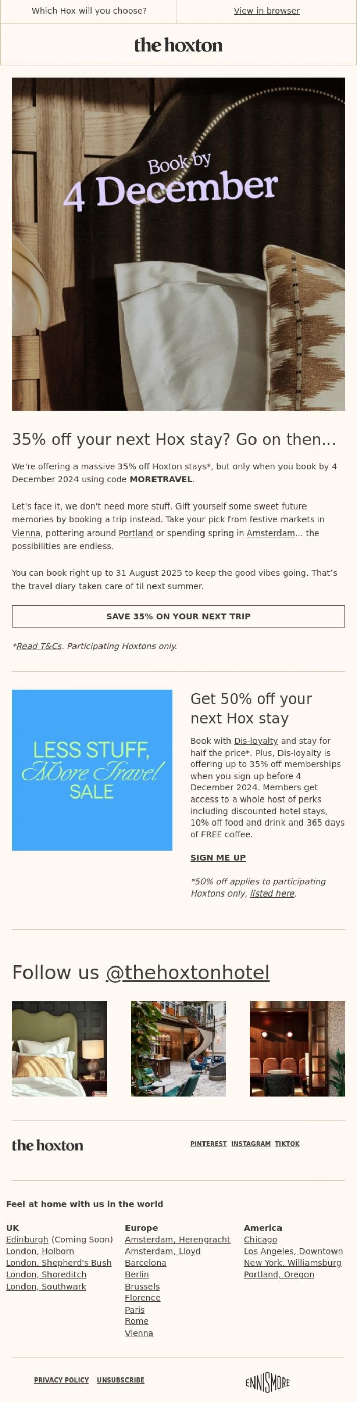 Email Design Inspiration from Olivia from The Hoxton, Final call: 35% off at The Hox