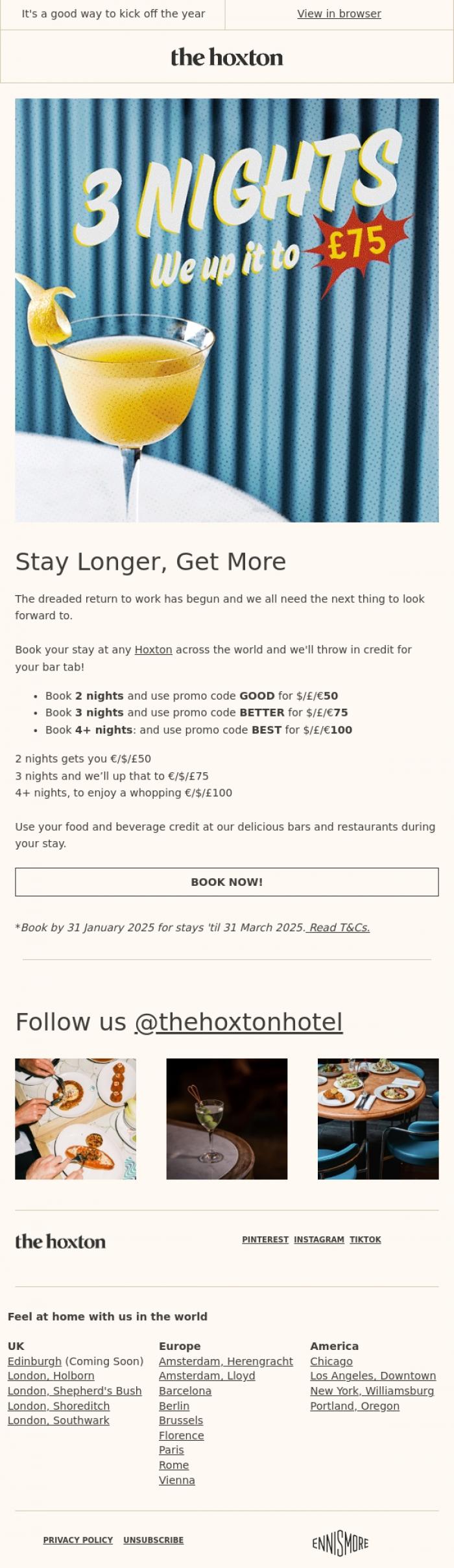 Email Design Inspiration from Olivia from The Hoxton, Food and drinks on us