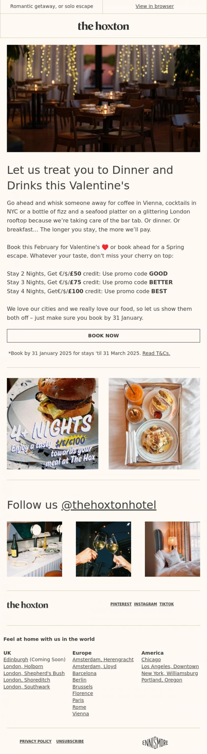 Email Design Inspiration from Olivia from The Hoxton, Free dinner on us this Valentine's weekend