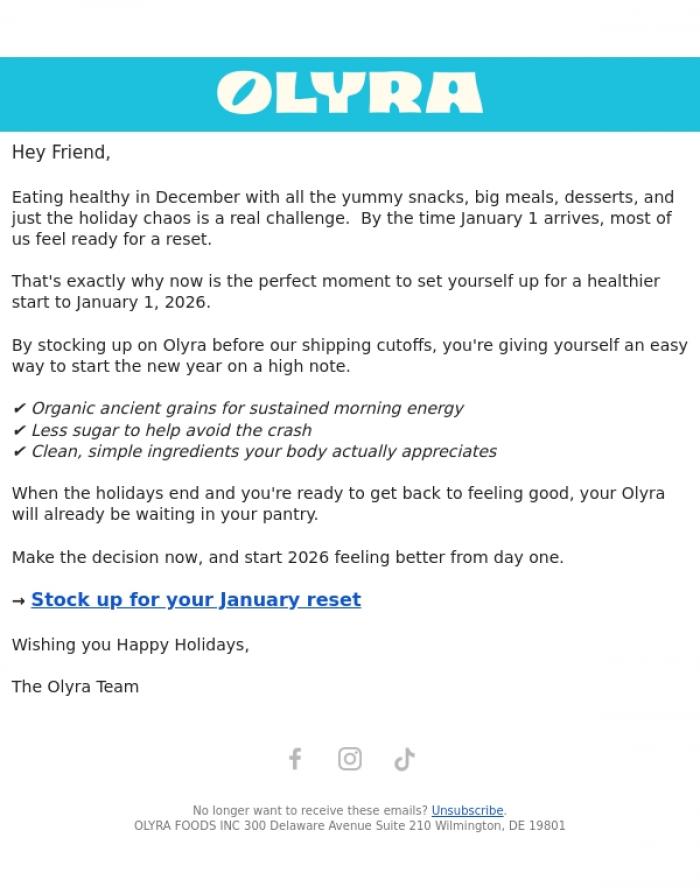 Email Design Inspiration from Olyra, One Smart Holiday Choice = A Better January