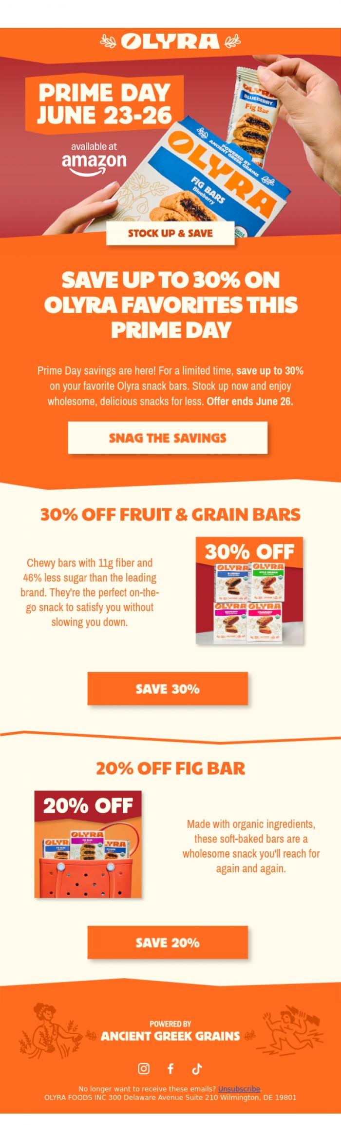 Email Design Inspiration from Olyra, Your Prime Day Snack Deal Is Here!