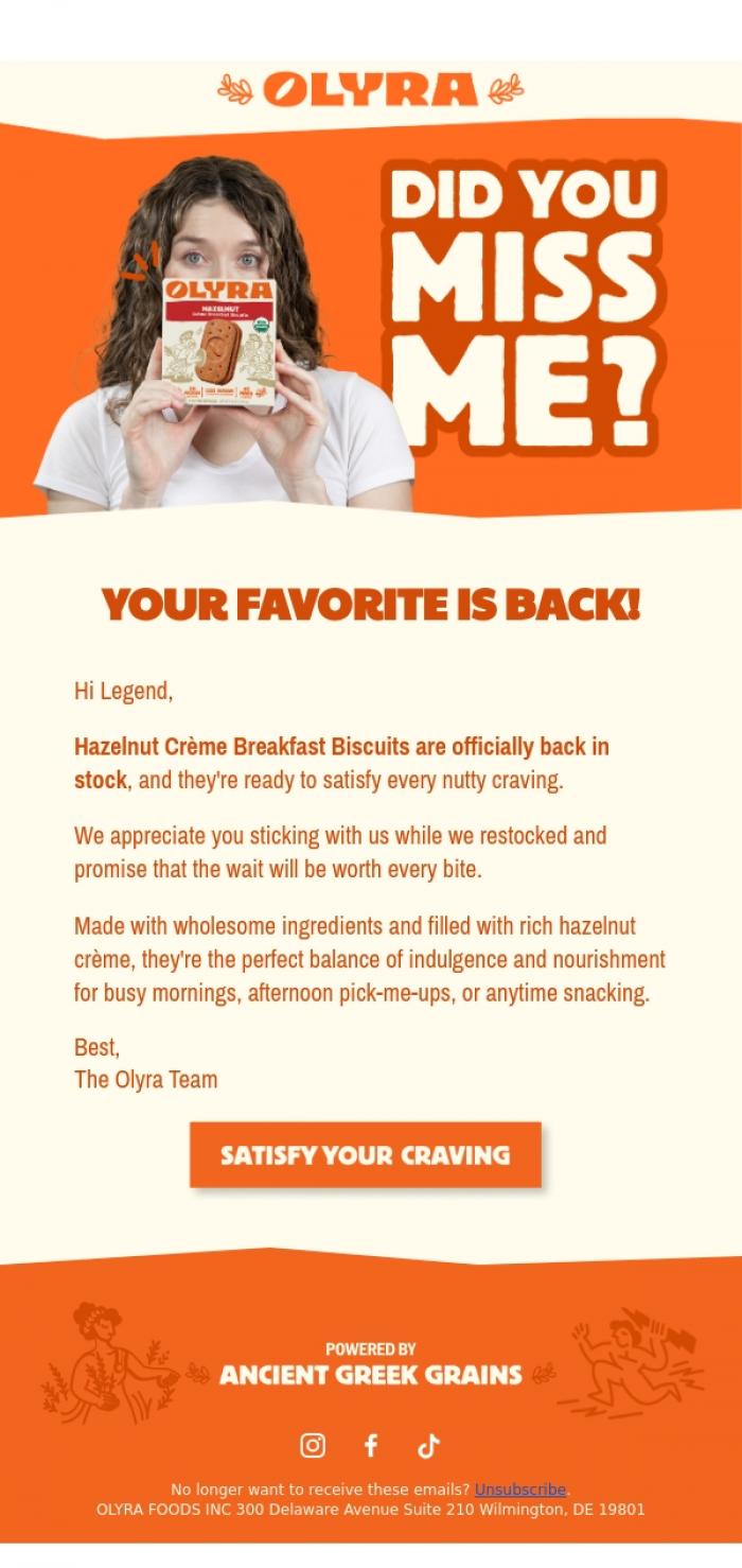 Email Design Inspiration from Olyra, Hazelnut Cr&egrave;me is back