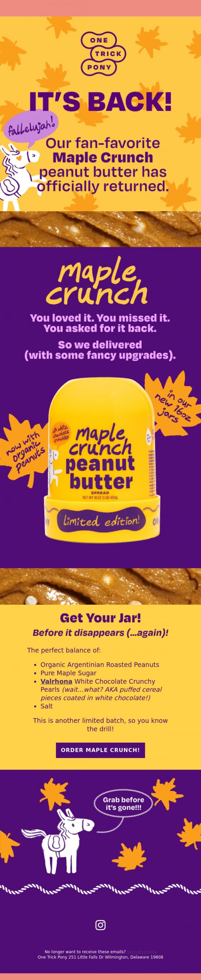 Email Design Inspiration from One Trick Pony, Back by popular demand...Maple Crunch 🍁