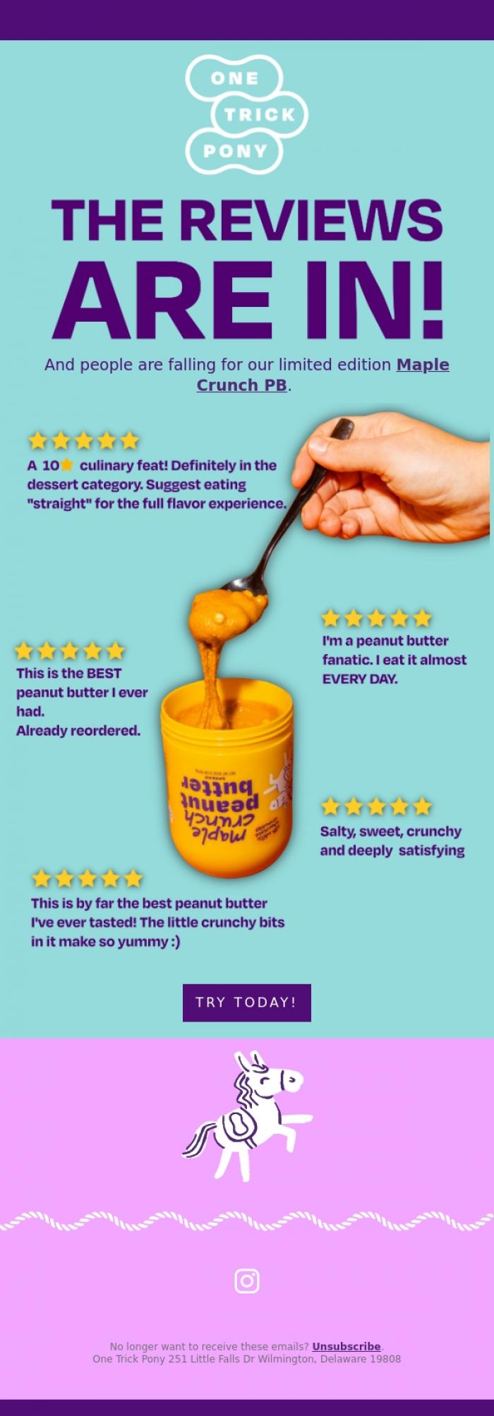 Email Design Inspiration from One Trick Pony, The Maple Crunch reviews are in...