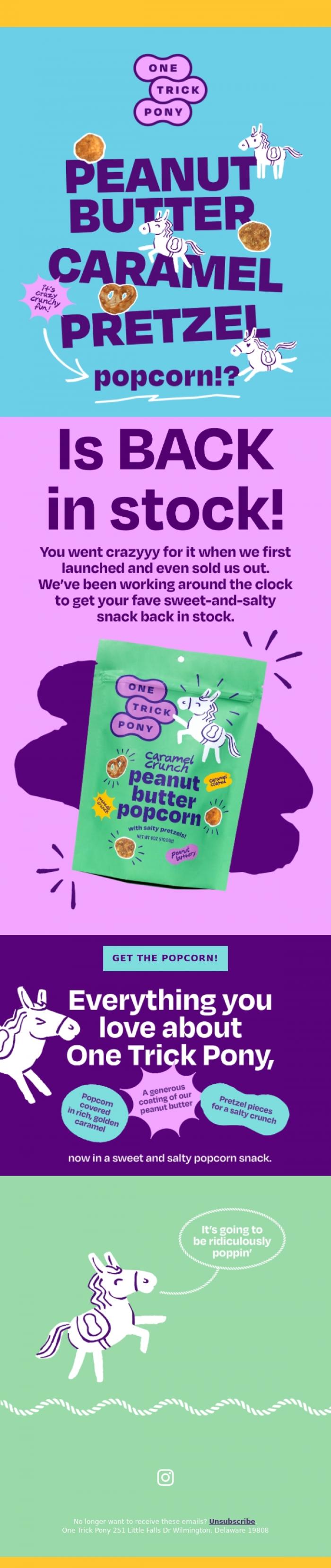 Email Design Inspiration from One Trick Pony, Sweet. Salty. BACK IN STOCK! 🍿