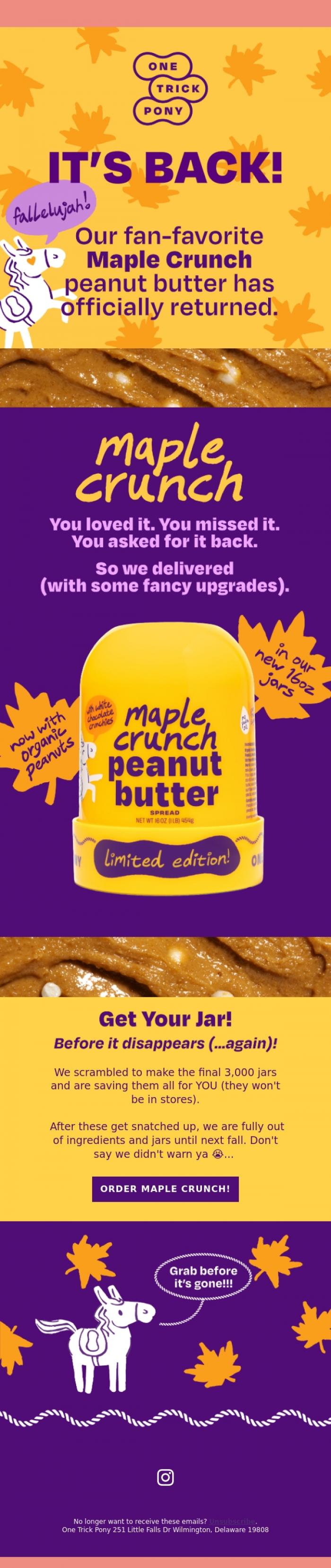 Email Design Inspiration from One Trick Pony, Maple Crunch is BACK, BABY! 🍁