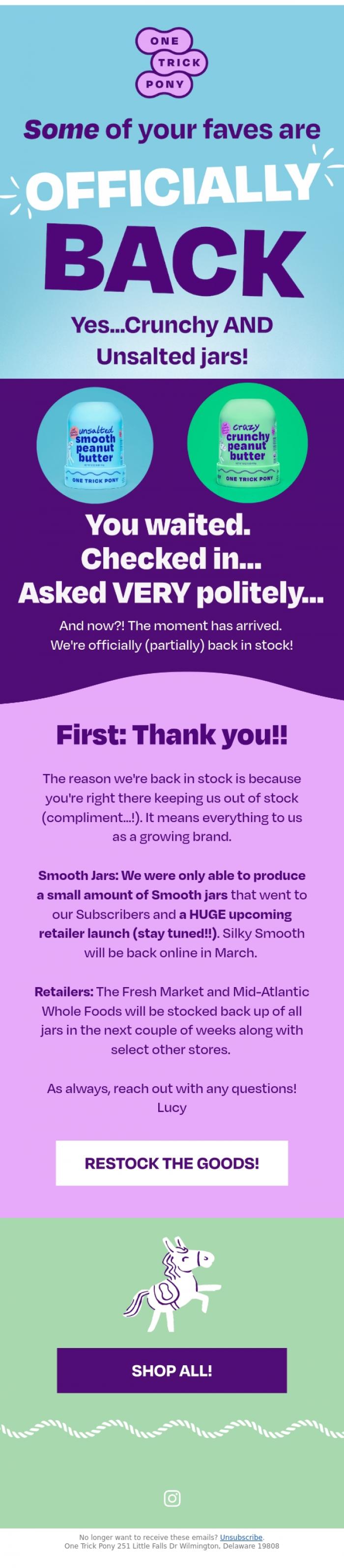 Email Design Inspiration from One Trick Pony, We're back in stock (sort of!!!)